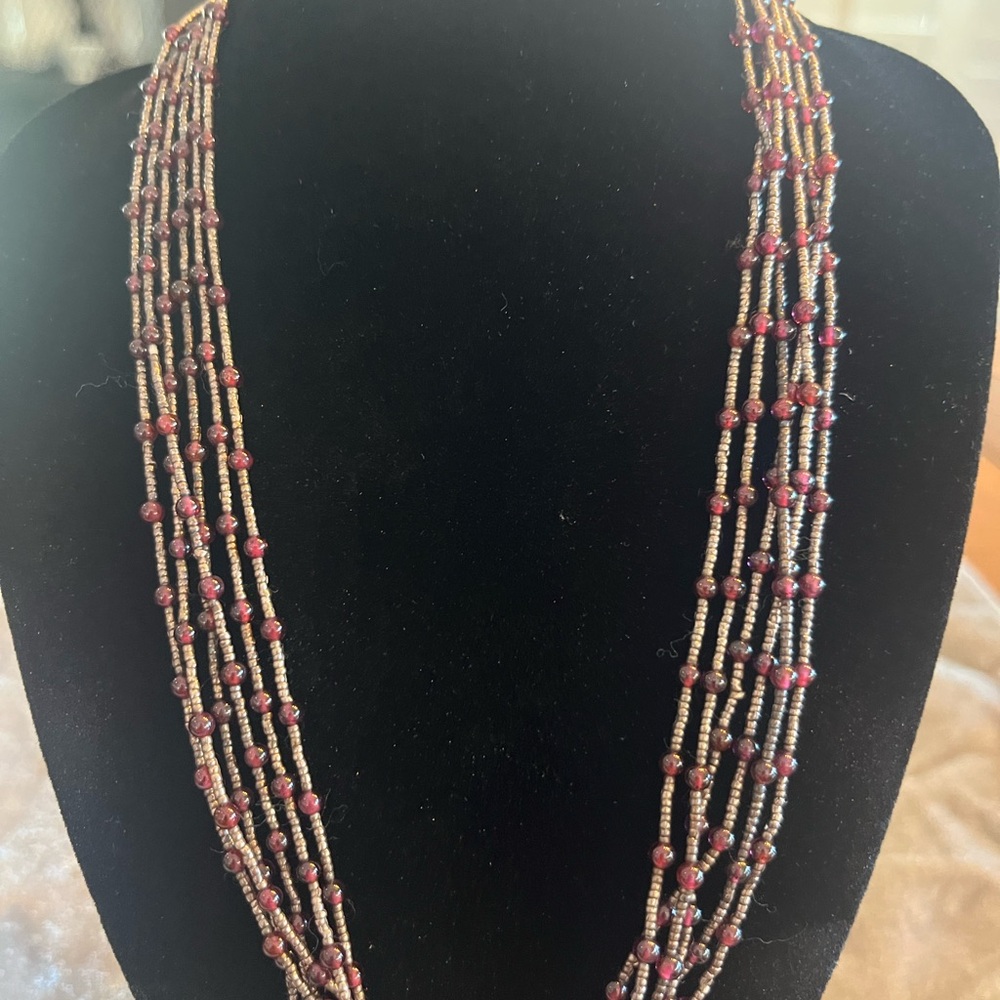 Multi Strand Beaded Necklace Silver Tone Deep Plum Long Statement - Picture 2 of 7